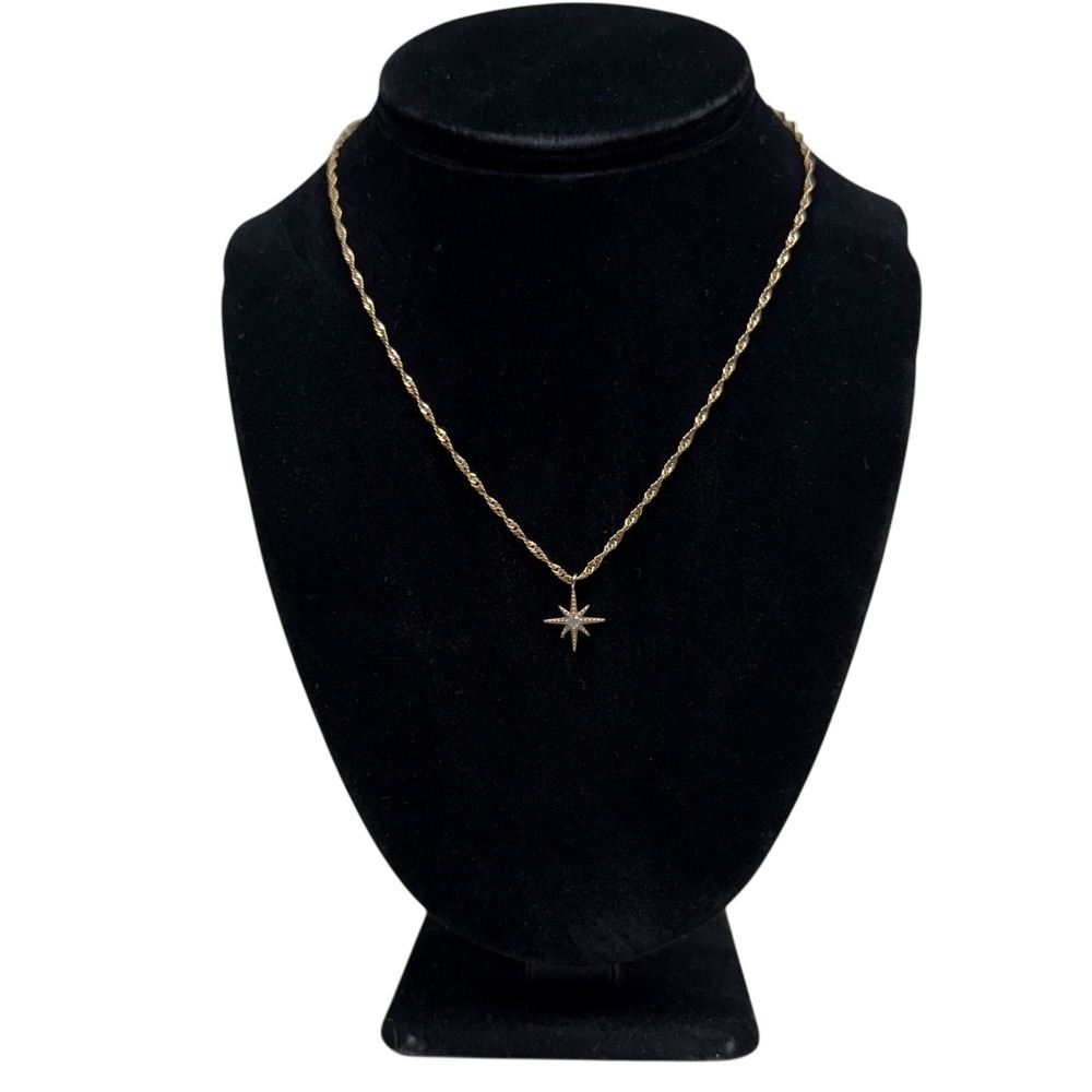 Gold Tone Starburst Pendant Necklace Chain Celestial Dainty Jewelry 8.5 in